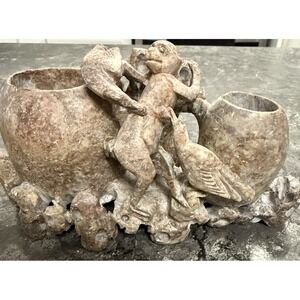 Monkey Brush Pot Art Vintage Chinese Dark‎ Soapstone Hand Carved